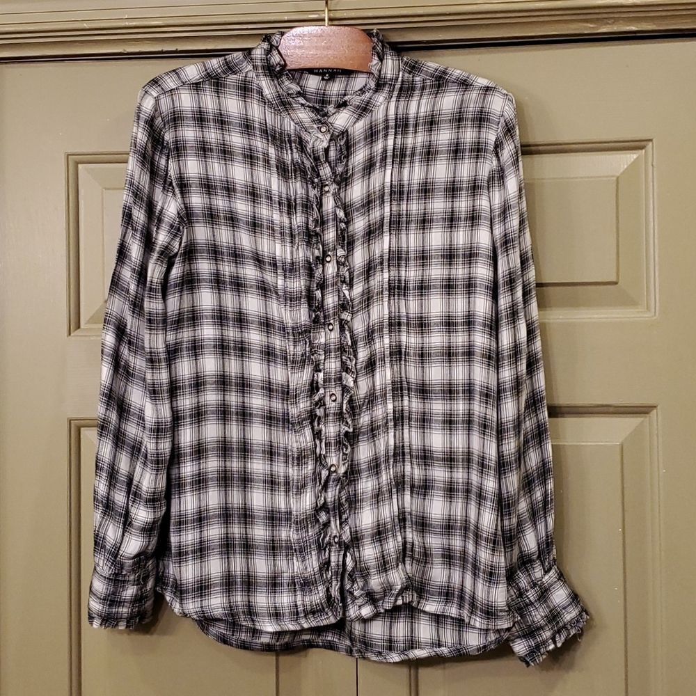 Hannah black and white plaid button shirt with ruffles